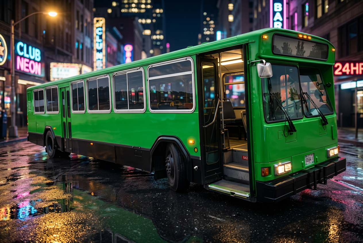 Sioux Falls party bus exterior on a downtown city street at night